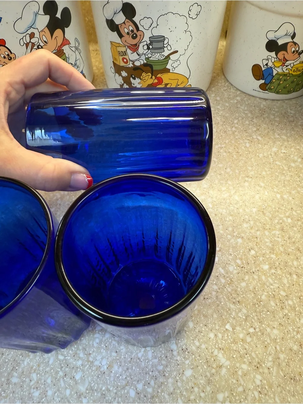 Vintage Cobalt Blue Glass Tumblers Set of 3 Juice cups 5’ Signed Magic Sands 83?